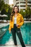 Placeholder: fullbody shot of young-beautiful-girl-with-a-perfect-face-with-make-up-wearing- sport pants and jacket standing in big Square with a pool clean water in center ,nice nature in modern city scape environment , flowers,