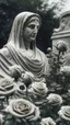 Placeholder: A grave with a statue of a woman behind it, and above it a white lace scarf and seven white roses. Cinematic picture