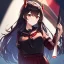 Placeholder: Clear focus,High resolution, Black long hair, Red eyes, Red horns, Wearing a black and red sailor uniform, Swinging a baseball bat