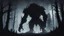 Placeholder: realistic art, blackwoods, darkwood, dark forest, gigantic monster distance silhouette , midnight, small lights