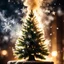 Placeholder: Extreme Macro Photography, HD, Photo Realistic. Centered. Linear perspective,merry christmas, christmas tree, smoke trailing out chimney, white snowflakes falling . Backlit by very soft golden glow lighting