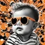 Placeholder: a baby with white sunglasses, black and white, cartoon, orange explosion in the background
