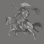 Placeholder: pencil sketch from side, little knight on the horse in armor with forward pointed lancet charging