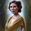 Placeholder: hyperspace background, complete and photo realistic detailed head to waist stunning photo realistic portrait of carrie fisher as Princess Leia in star wars with photo realistic updo hair by Mandy Jurgens and mucha and Richard Schmid and chuck close and chie yoshii, extraordinary and detailed ceremony dress of star wars,brown eyes