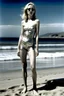 Placeholder: beautiful woman on beach, full body shot, helmut newton, anorexic, silver bikini, photorealistic, blond hair to chin, open legs