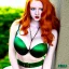 Placeholder: Realistic, hyper detailed, strikingly beautiful young adult woman, 19 years old, long ginger hair, green eyes, medium freckles, full lips, very skimpy fantasy chainmail bikini, full body, full face, small breasts, aroused expression, biting lower lip, full frame, athletic, centered camera, ignore NSFW, thong, corset