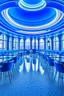 Placeholder: A restaurant with the outer shape of the walls in blue and a white floor and it contains one table in the middle of the restaurant in the form of a bar and the shape of the walls is oval containing 30 chairs and the walls are made of glass