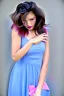 Placeholder: woman, beautiful, soft face, brwon hair, brown eyes, pink lips, blue dress