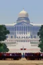 Placeholder: To governors having a speech in front of a huge building painting