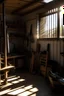 Placeholder: The corner of a garage, sports equipment scattered about, a beam of sunlight is cast on the wall