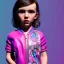 Placeholder: Millie bobby brown toddler, full body, leather jacket, floral shirt, floral skirt, Nike sneaker, soft skin, city background, dramatic lighting, hyper realistic