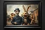 Placeholder: Real Charlie Chaplin in front of the frame, and town major troll mouse rabbit in style of Rembrandt and Fallout 4, with motion blur, all on a painting on wall with black wooden frame and with black wall background