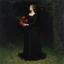 Placeholder: Night, one woman in black dress taking red flowers, vegetations, forest, doom, creepy, gloomy, gothic dark influence, gustave caillebotte paintings, and berthe morisot paintings