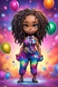 Placeholder: Create an airbrush image of a chibi black curvy female wearing a tie dye yoga outfit. Prominent make up with hazel eyes. Highly detail asymmetrical dread locs. background of colorful large ballons 2k