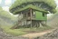 Placeholder: one tree house in the middle of the image, green tarp roof, bared land, post-apocalypse, front view, comic book, cartoon,,