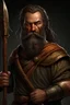 Placeholder: large burly man, stern gaze, grand beard, brown hair, very little expression, old greek style clothing, holding a great sword that is very large with fiery engravings and a leather wrapped handle