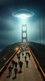 Placeholder: A lot of people running on San Francisco golden bridge , escaping an ufo alien attack above