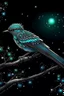 Placeholder: A fabulous beautiful bird with a long tail shimmers with radiance all covered in diamonds on a branch at night, magic