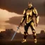 Placeholder: a lone paladin wearing golden armor, no helmet, medieval battle background