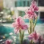 Placeholder: Gladiolus kales in a swimming pool, old damaged polaroid, sunny day, vivid colors, bokeh effect