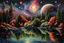 Placeholder: by the lake, on an alien world, within the Orion Nebula, by night, the nebula gas clouds and stars visible in the sky, and reflected in the water, alien otherworldly plant like life forms unlike those of earth :: extremely detailed, intricate, photorealistic, beautiful, high detail, high definition, pencil sketch, deep color, watercolor, award winning, crisp quality
