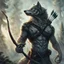 Placeholder: an anthropomorphic wolf man in just full furry wolf body hair and wearing just a dark belt around his chest holds a bow in his paw, quiver with arrows on his shoulder and looking warlike the horizont, blur background with giant alien trees, rainy day, detailed, cinematic, sci-fi, fantasy mood