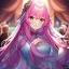 Placeholder: Clear focus,8k,Beatiful Lighting,Detailed, pink long fluffy hair, long fluffy bangs, green eyes, wearing a stunning sparkling outfit, dating game