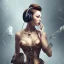 Placeholder: steampunk, woman listening to music and dancing, full-body