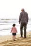 Placeholder: old man walking on beach with little child telling him about the wonders of life style of hiroku ogai walking away from camera