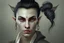 Placeholder: A Fantasy elf, a white male with black hair tied up in a bun, a scarred left eye. Full body