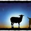 Placeholder: shepherd boy looking up, bright start in night sky, mideast pastures, flock of sheep