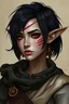 Placeholder: dungeons and dragons elf female Djinni warlock, gray freckled skin, short ink black hair, dark gold eyes, scar across her right eyebrow, wears clothes made for sea travel, portrait