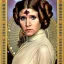 Placeholder: photorealistic carrie fisher as princess leia in star wars ,braided hair, hazel iris, illustration on coarse canvas by Alphonse Mucha , ornate and intricate details, ultra detailed, 16K