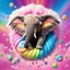 Placeholder: longshot top-view of a realistic high detailed baby elephant floating (or falling) looking towards the viewer as if coming out of a dream-like spiral vortex of soft fluffy cloud-like colourful candy floss. The Elephant is holding a peanut in the tip of it's trunk which is shown in its entirety. chocolate-covered m and m's, and colourful rainbow lollipops are falling from the sky into the spiral vortex surrounding the elephant. bright/ pastel colour