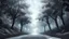 Placeholder: A anime landscape with trees and the midnight sky with stars. also with roads. Dark and greyish