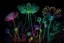 Placeholder: black background, outlines of a holographic flower garden drawn from thin neon-coloured glowing lines