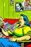 Placeholder: fat woman sitting on sofa READING NEWS PAPER listening to radio watching tv news WITH BIG BOTTLE OF SODA AND EATING BIG BAG OF POTATO CHIPS in a room with signs of propaganda in the style of roy lichtenstein