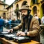 Placeholder: A short brown beard DJ with a hat on his head sing at microphone, the DJ console, many electronic consoles around, play middle street of medieval city, FRONT VIEW