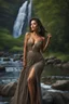 Placeholder: full shot body photo of the most beautiful artwork in the world featuring model, happy mood, High Detail, dramatic, photo realistic, ultra sharp, ultra hd, hyper realistic, ultra realistic, ((((dress)))), trending on artstation, sharp focus, studio photo, intricate details, highly detailed, standing in nice pose in country side with river ,water fall ,rocky valley,mountains at background, pretty clouds