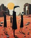 Placeholder: long-legged surreal lean black-grey figures with beak-shaped heads in overcoat, profile, semi-silhouettes among ramshackle ruins in a barren landscape of red, yellow, black and beige colors, intricate acrylic painting