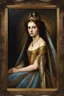 Placeholder: Gothic Gold framed painted portrait of a beautiful queen wearing a small tiara. her hair is long and light brown in colour and she has blue eyes, dark fantasy