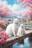 Placeholder: in the center: beautiful chunky white cats playing on a bridge , background: landscape, first plan: pink flowers and a small river with blue water, sky: white clouds with more cats sitting on them, season: winter and snowfall