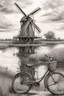 Placeholder: A realistc drawing black and gray with very defined details of a dutch windmill and a bike