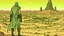 Placeholder: Desert warrior from behind looking at a city on a plateau in the distance, comic style