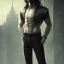 Placeholder: Male, Human, dark long hair, Black Eyes, Young, Photorealism, Full Body Shot, City Background, sharp focus, dark, black, steampunk