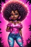 Placeholder: vibrant psychedelic comic book image, airbrush, 48k, cartoon art of a chibi curvy black female wearing torn jeans pants and a pink tie dye off the shoulder blouse. Prominent make up with lush lashes. Highly detailed sleek wavy afro