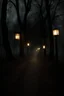 Placeholder: Night, lanterns, square bench, dirt roads, trees, gothic horror films influence, creepy, photography