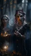 Placeholder: close up portrait of merciless medieval countess and her creepy sister in big eyed trance, clawed hands, full moon, swirly mist,autumn wind, performing arcane invocation ritual of smoke demon with immense power on luminous stone altar in dark forest grove, shot on Hasselblad h6d-400c, zeiss prime lens, bokeh like f/0.8, tilt-shift lens 8k, high detail, smooth render, down-light, unreal engine, prize winning