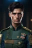 Placeholder: 27 year old male with short dark hair and blue eyes standing with his arms folded, wearing military uniform , photorealistic, 4k, dark fantasy