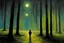 Placeholder: Trees, night, one person, 2000's sci-fi movies influence, ludwig dettman and willem maris impressionism painting